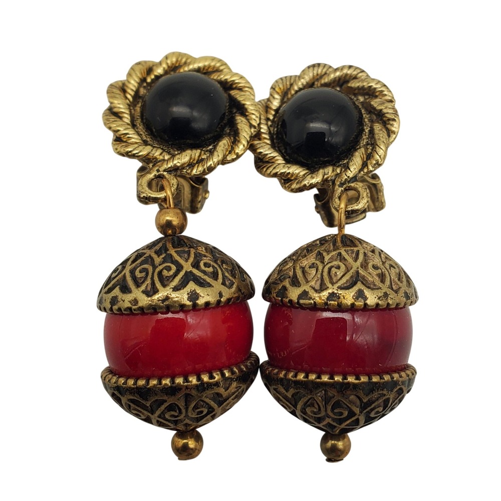 Drop Clip Earrings Gold Red Black Filigree Cabochon Dangle Victorian Revival Vtg